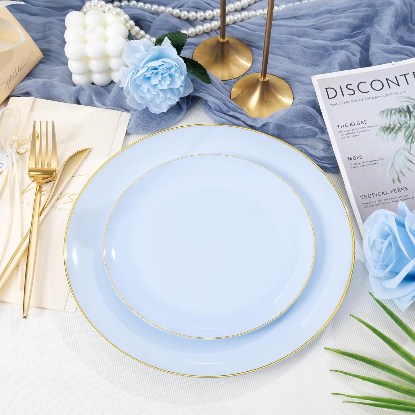 PULOTE 100PCS Blue Plastic Plates - Disposable Light Blue Include 50 Dinner & 50 Dessert/Salad Plates for Party, Wedding & Easter