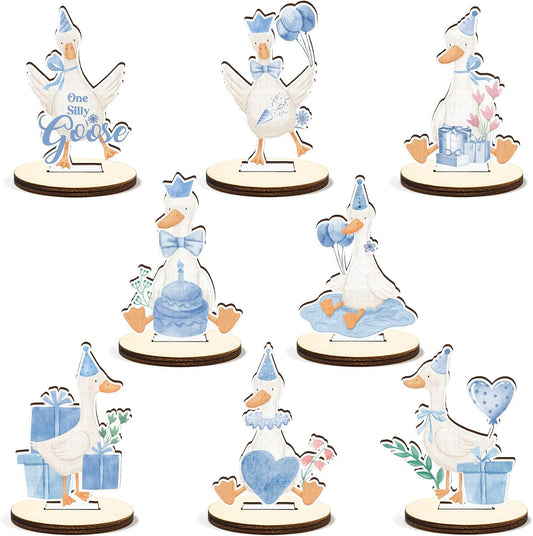 16 Pcs Wooden Baby Shower Table Centerpiece Blue One Silly Goose Tabletop Detachable Sign It's A Boy Gender Reveal Table Toppers Display Decoration 1st Birthday Photo Props Party Favor Supplies