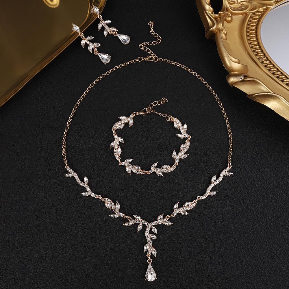 Crystal Necklace Earrings Bracelet Rhinestone Choker Necklace Bridal Wedding Jewelry Set For Brides Bridesmaid Women Party Accessory