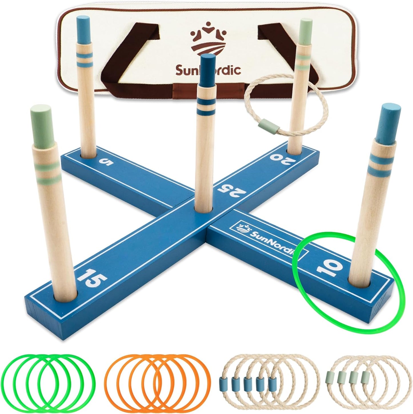 Wooden Ring Toss Game Set, Backyard Beach Camping Game with Toss Rings & Portable Carrying Bag, Outdoor Lawn & Yard Games for Kids, Adults & Family