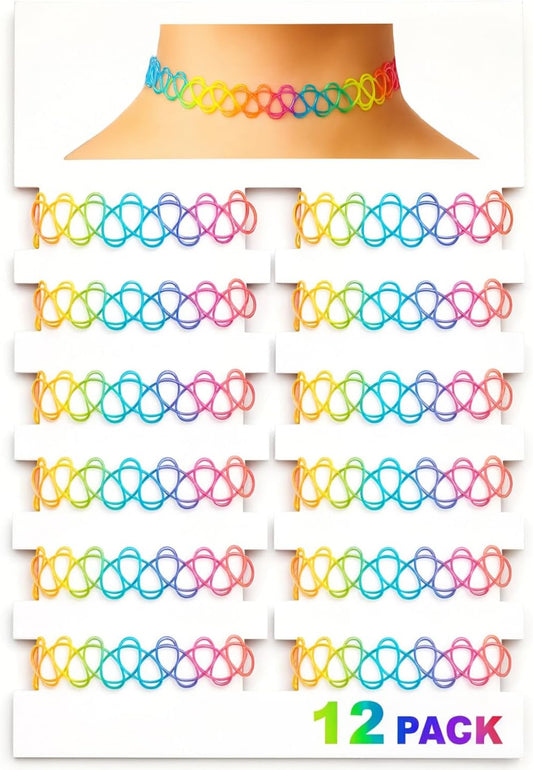 BodyJ4You 12PC Tattoo Choker Necklace - 90s Accessories 2000s Jewelry Y2K Fashion Vintage Trendy - Rainbow Goth Black Pink Green Blue White - Adjustable Stretchy Elastic Necklace Summer Vacation Set