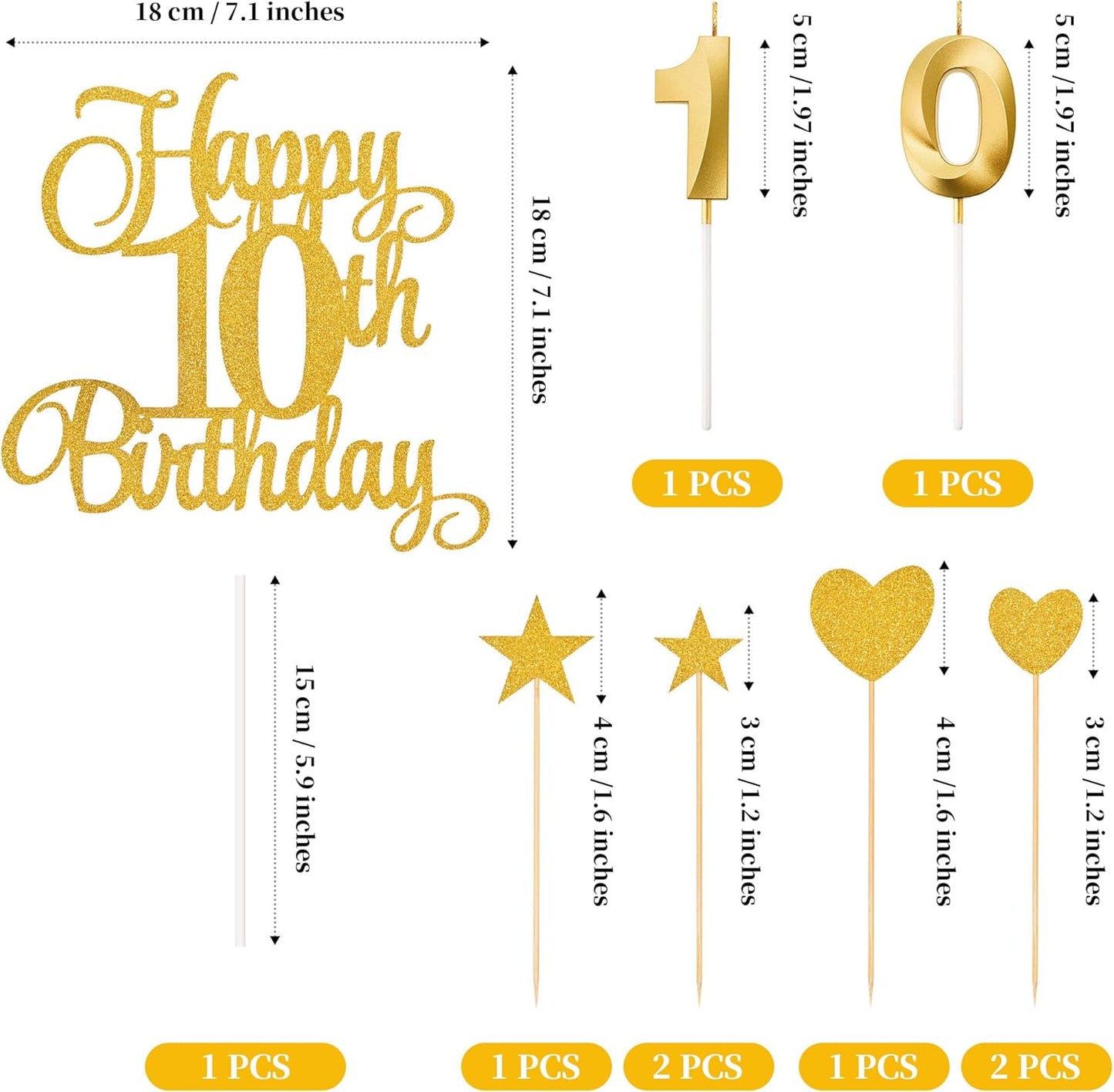10th Birthday Cake Decorations, 10th Birthday Candles Cake Numeral Candles and Glitter Happy 10th Birthday Cake Toppers Set for Birthday Party Supplies (Gold)