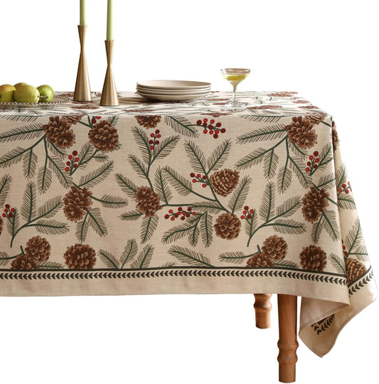 ISAENNE Designer Christmas Beige Linen Long Rectangle Tablecloth,Pinecones Pattern Indoor Table Cloths,Washable Decor Tablecloths for Dining Thanksgiving Kitchen Christmas,63"*102"-Carol B