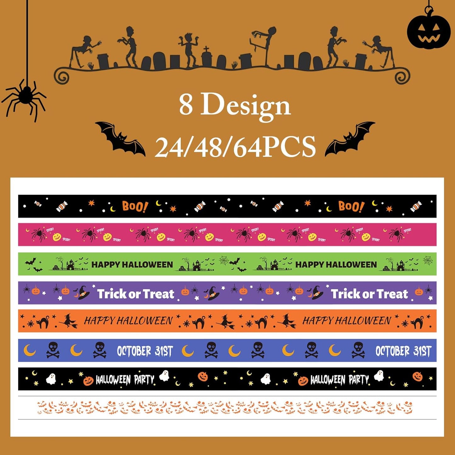 24Pcs Halloween Party Favors, 8 Designs Silicone Bracelets Rubber Wristbands for Kids Halloween Party Decor Trick or Treat Classroom Supplies