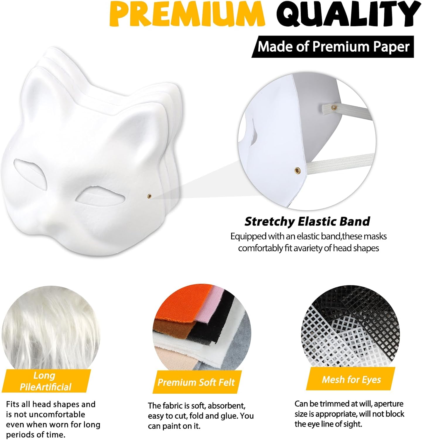 DIY Cat Masks Kit - Blank Therian Masks Set - DIY Animals Fox Mask for Halloween Carnival Masquerade Cosplay Party