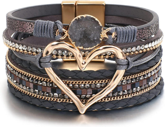 Leather Wrap Bracelet for Women Beaded Cuff Bracelet with Heart-shape Decor Bohemian Crystal Bracelet Jewelry with Clasp Bangle Bracelet for Women Girls Birthday Holiday Gift