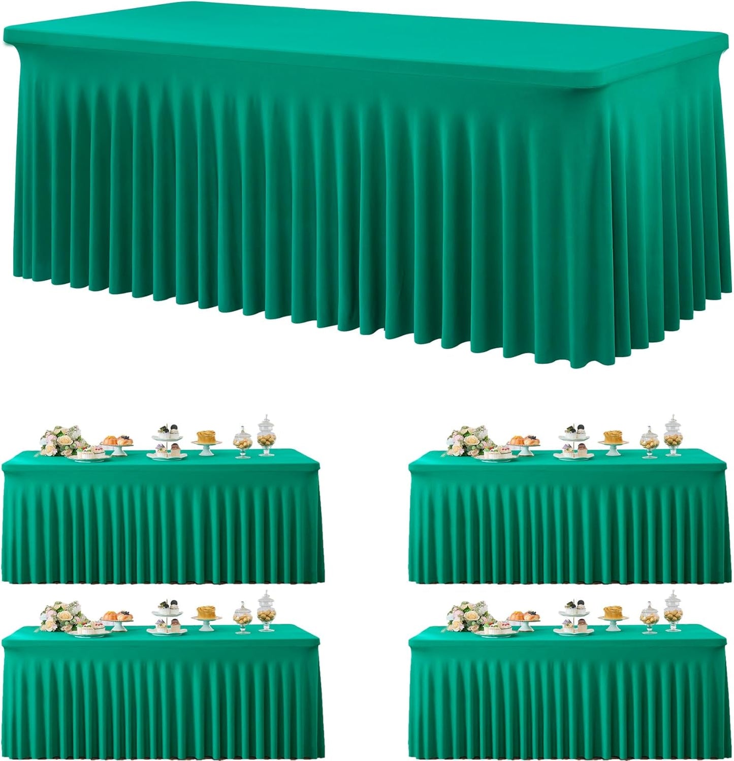 4 Pack Emerald Green Spandex Tablecloths for 6 Foot Rectangle Tables, Wrinkle Free Fitted Tablecover 6ft Green Stretchy Table Clothes with Skirt for Weddings Birthday Party Banquet Baby Shower