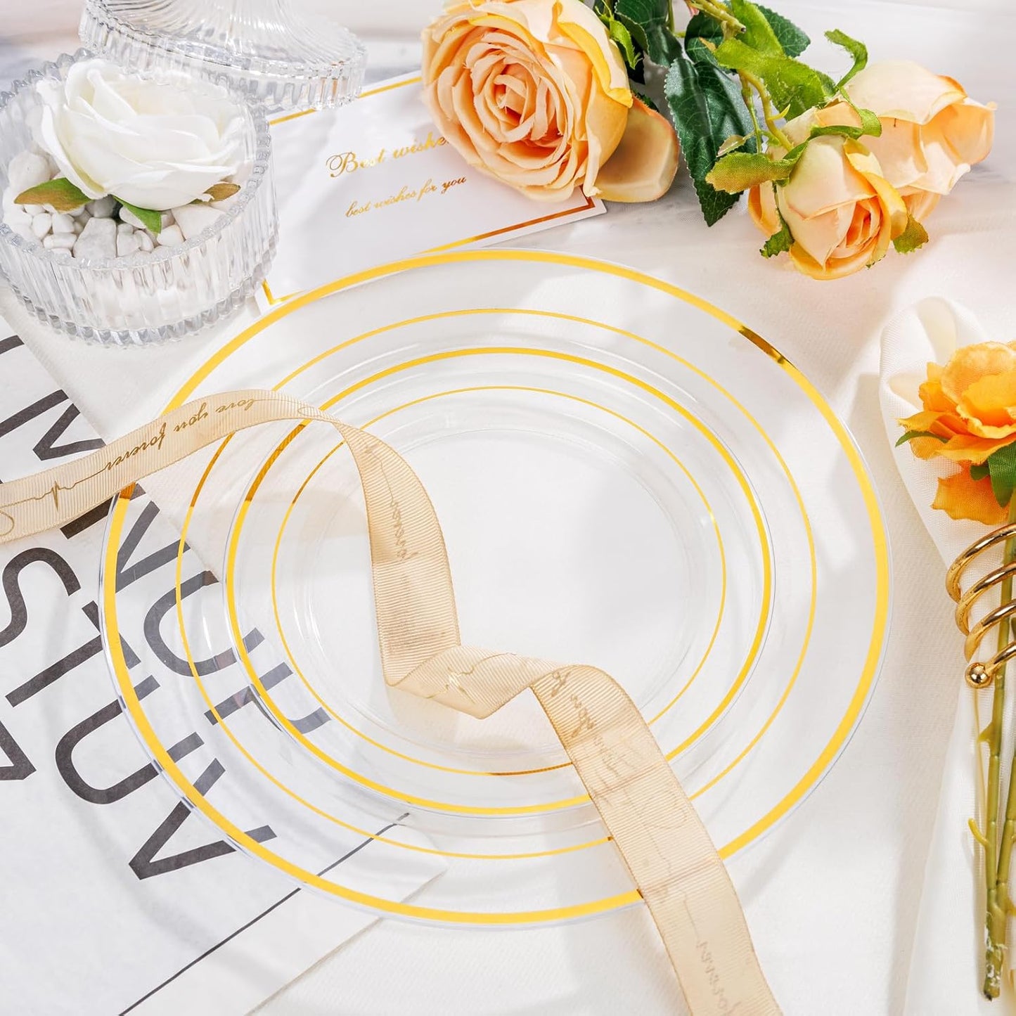 I00000 102 Pcs Clear Gold Plastic Plates - Disposable Party Plates, Gold Disposable Include 51 Dinner Plates and 51 Dessert Plates, Plastic Plates for Party, Holiday, Wedding & Birthday