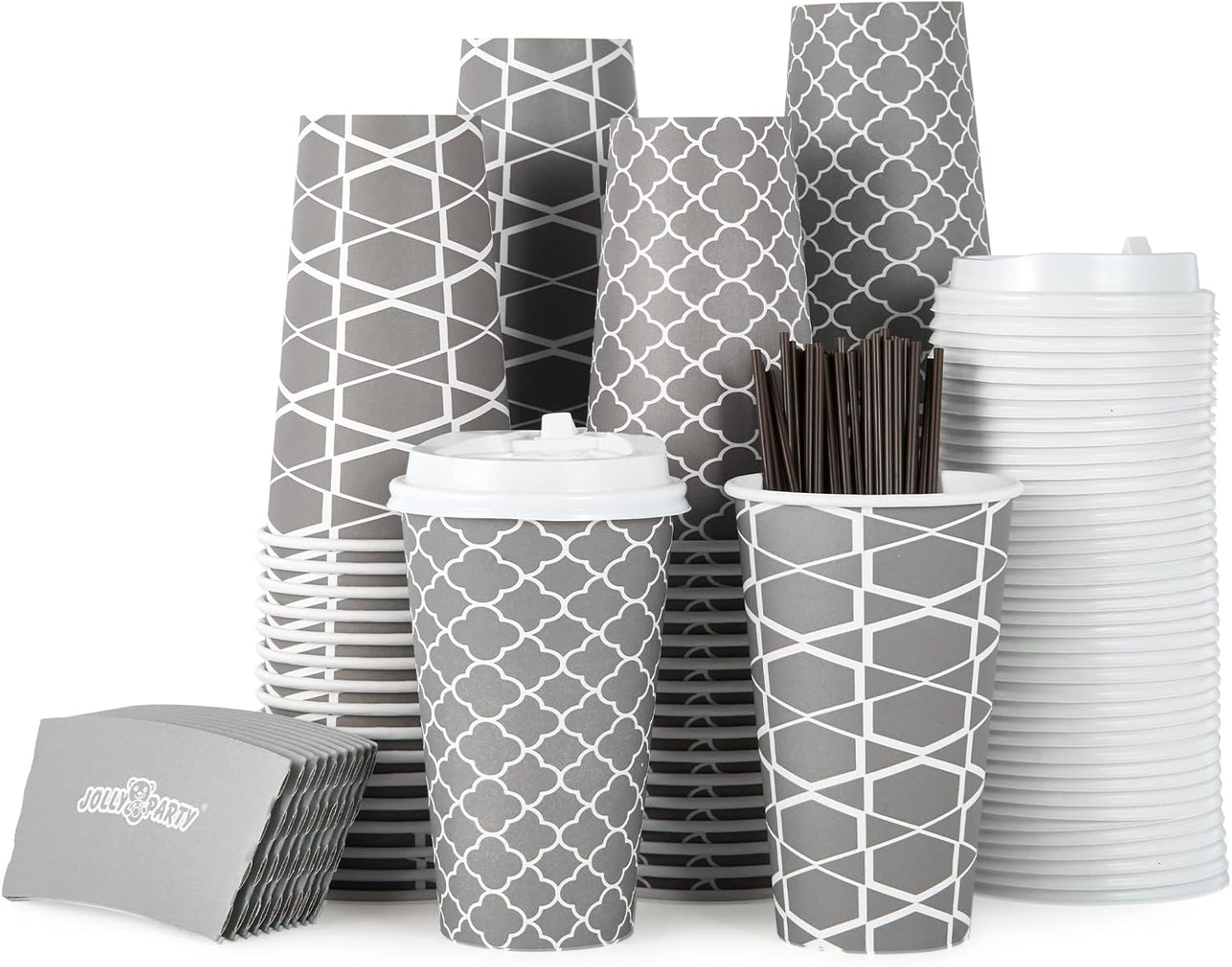 JOLLY PARTY [100 Sets] 16 oz Paper Coffee Cups, Disposable Coffee Cups with Lids, Sleeves and Straws, Hot Cold Beverage Drinking Cup for Water, Coffee or Tea, To-Go Cup Suitable for Office and Travel