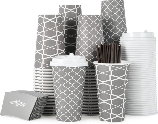 JOLLY PARTY [100 Sets] 16 oz Paper Coffee Cups, Disposable Coffee Cups with Lids, Sleeves and Straws, Hot Cold Beverage Drinking Cup for Water, Coffee or Tea, To-Go Cup Suitable for Office and Travel