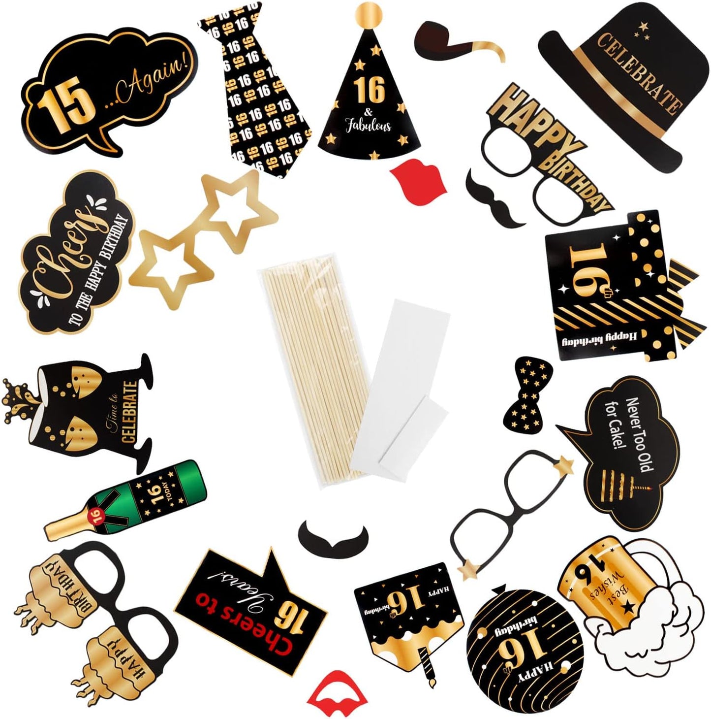 LINGTEER Happy 16th Birthday Party Photo Booth Props,Cheers to 16th Birthday Sixteen Years Old Bday Party Centerpieces Props Decorations Sign.