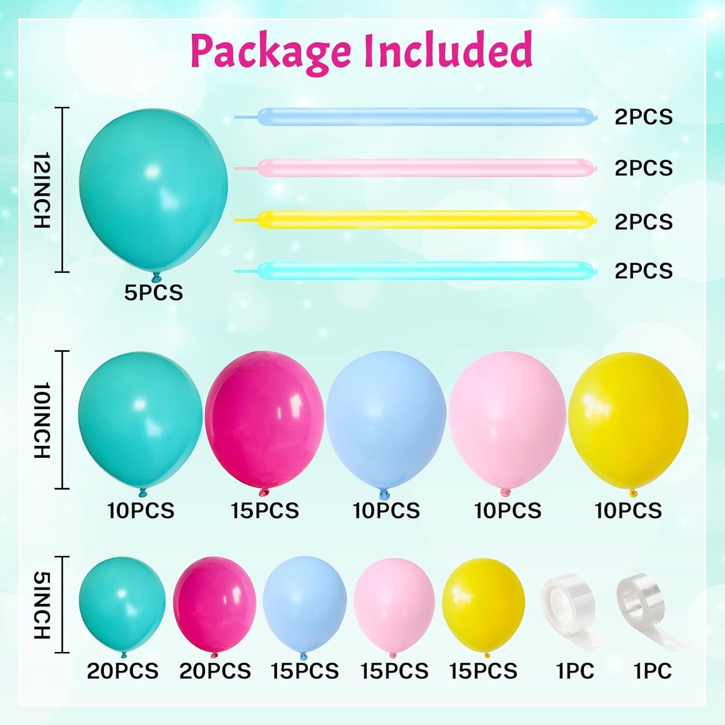 155 Pcs Summer Rainbow Balloons Arch Kit, Hot Pink Teal Blue and Yellow Neon Balloon Garland Kit Pool Birthday Decor, Pastel Pink Blue Colorful Long Balloon as Rainbow Tropical Luau Party Decorations