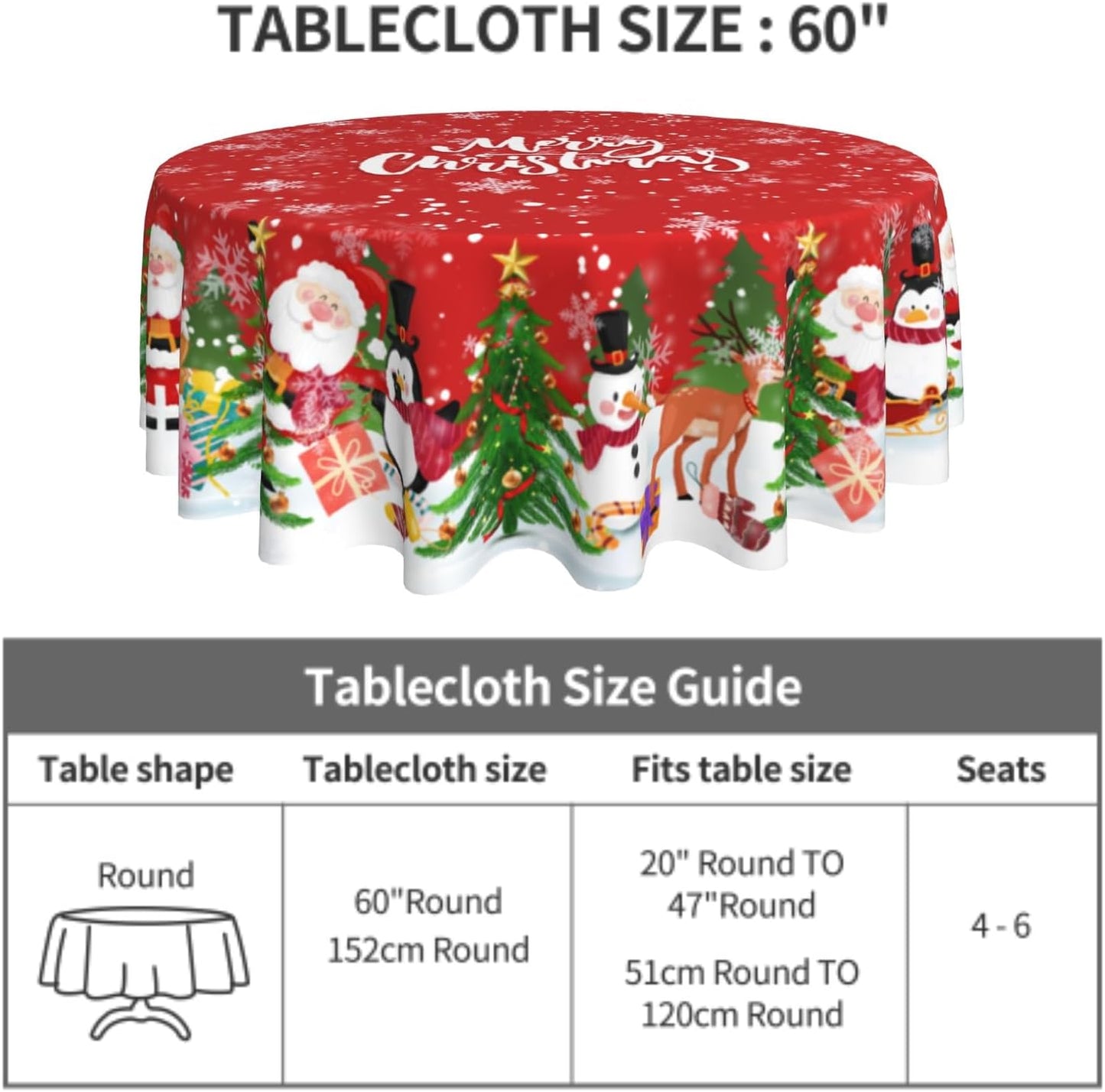 Giwawa Merry Christmas Round Tablecloth 60 Inch Funny Santa Snowman Reindeer Table Cloth for Kitchen Dining Xmas Trees Winter Snowflakes Polyester Table Cover for Holiday New Year Picnic Decor