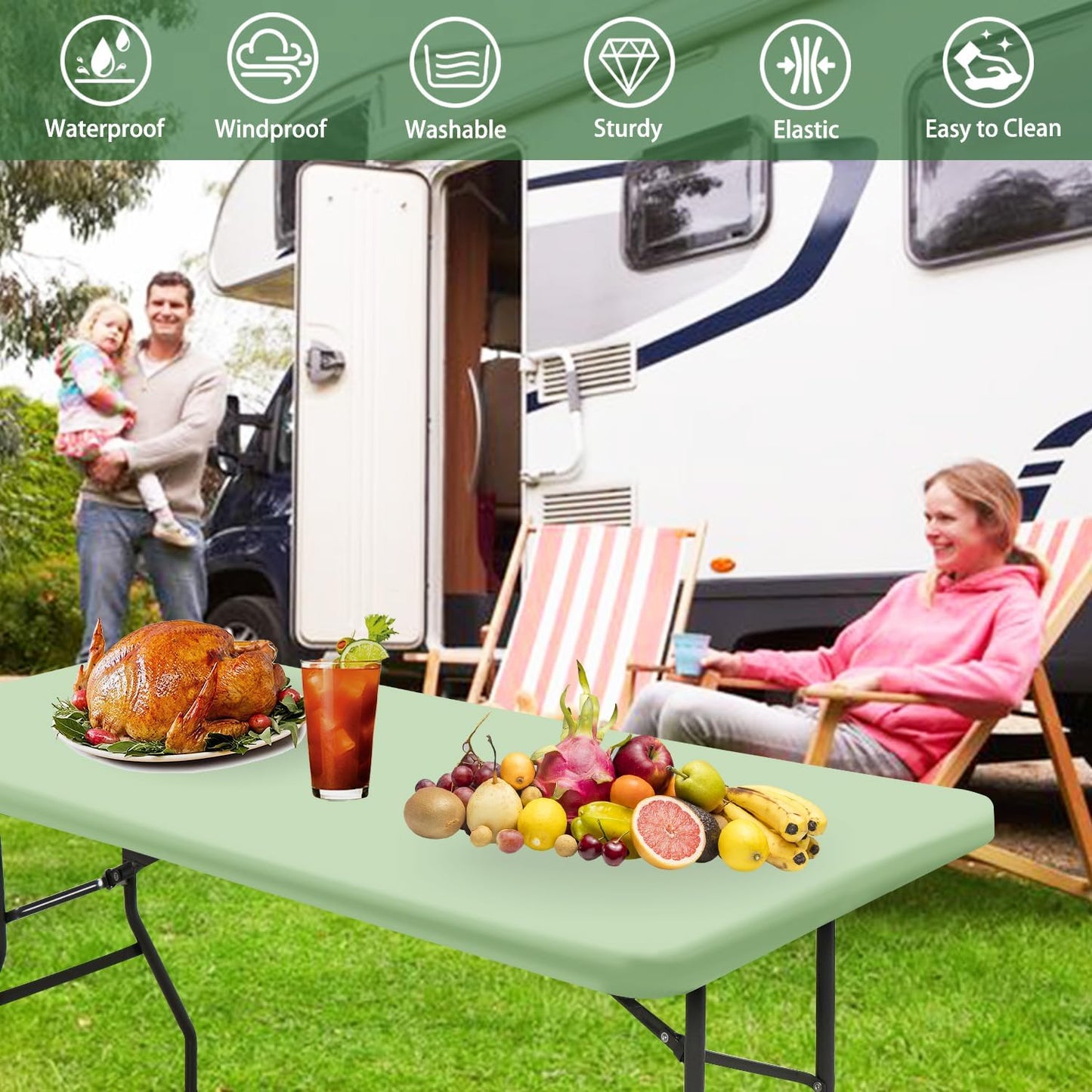 6 Pack Picnic Table Cover Elastic Fitted Outdoor Tablecloths for 6 Foot Rectangle Table Waterproof Stretch Washable Patio Folding Spandex Tablecloth for Camping Banquet Parties (Sage Green,30" x 72")