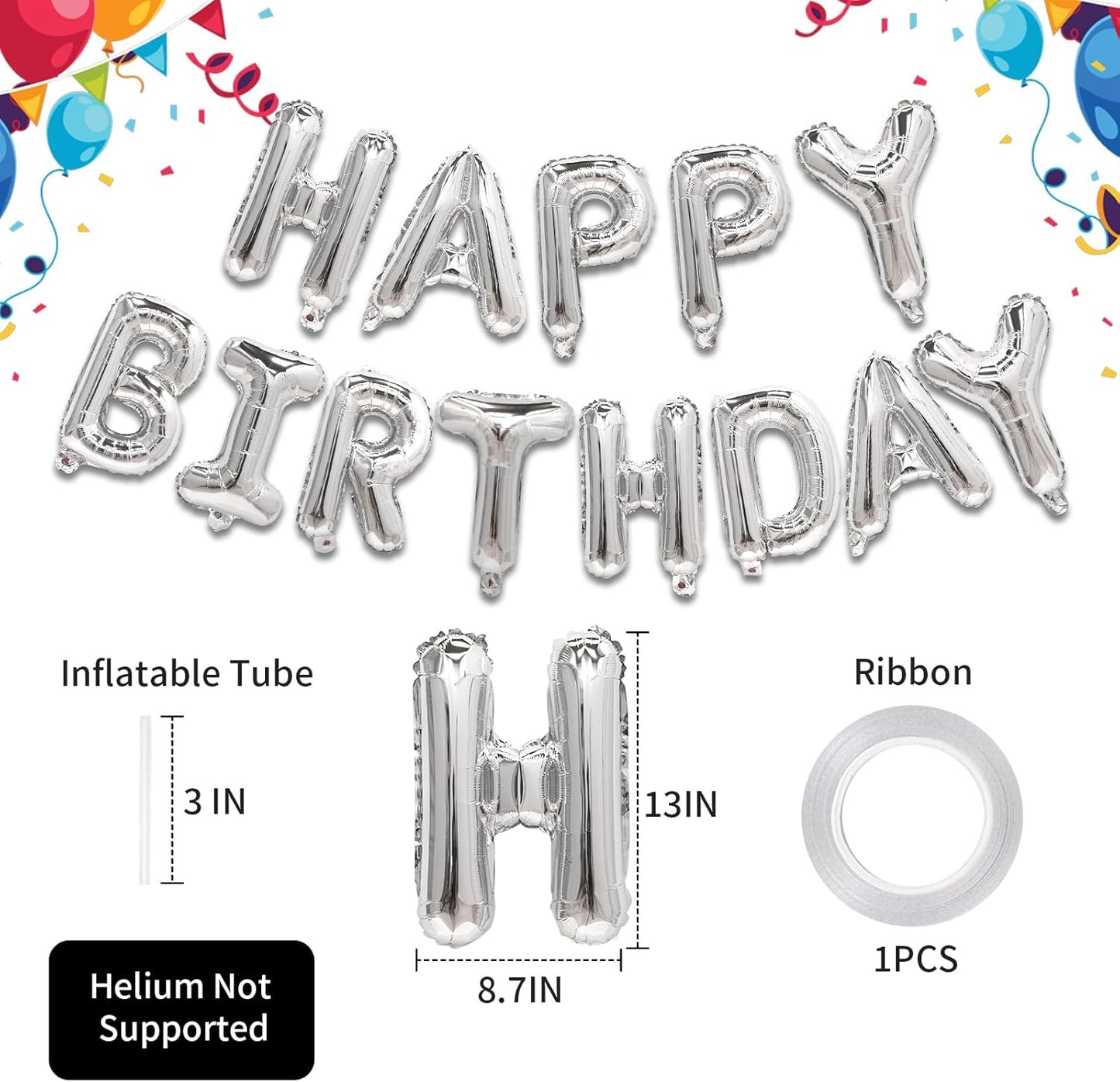 Silver Happy Birthday Balloon Banner, 16 Inch Foil Mylar Happy Birthday Balloons Letters, Reusable Happy Birthday Sign, Silver Birthday Decorations for Women, Men, Boys and Girls