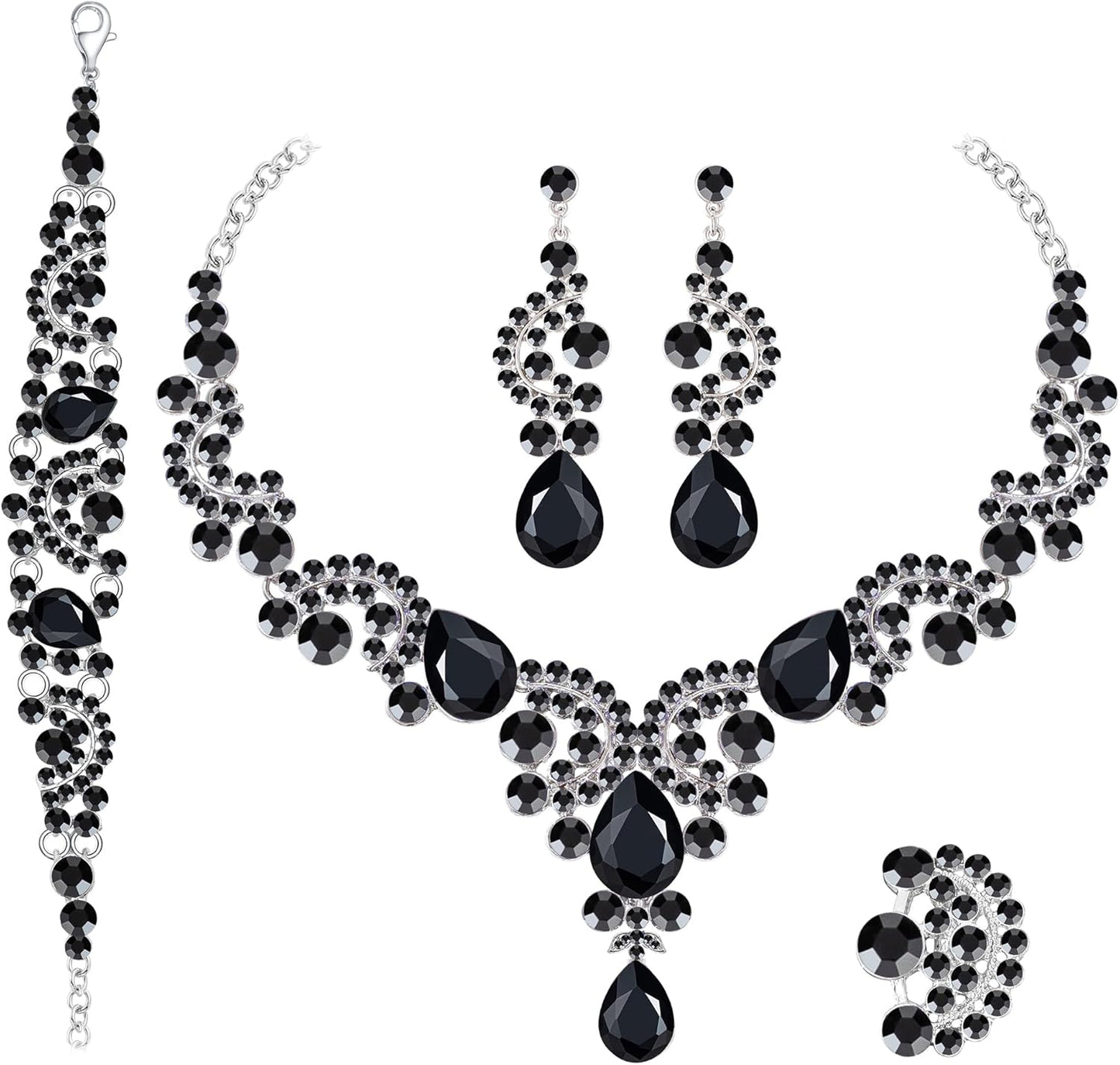 Crystal Bridal Wedding Jewelry Sets for Women Rhinestone Teardrop Crystal Statement Choker Necklace Drop Earrings Link Bracelets Rings Teardrop Jewelry Set for Brides Bridesmaids