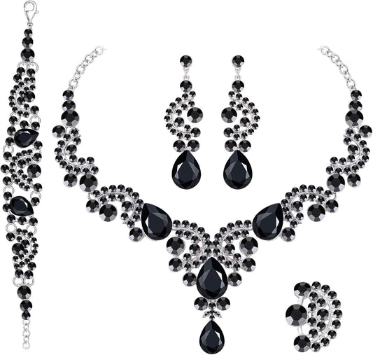 Crystal Bridal Wedding Jewelry Sets for Women Rhinestone Teardrop Crystal Statement Choker Necklace Drop Earrings Link Bracelets Rings Teardrop Jewelry Set for Brides Bridesmaids