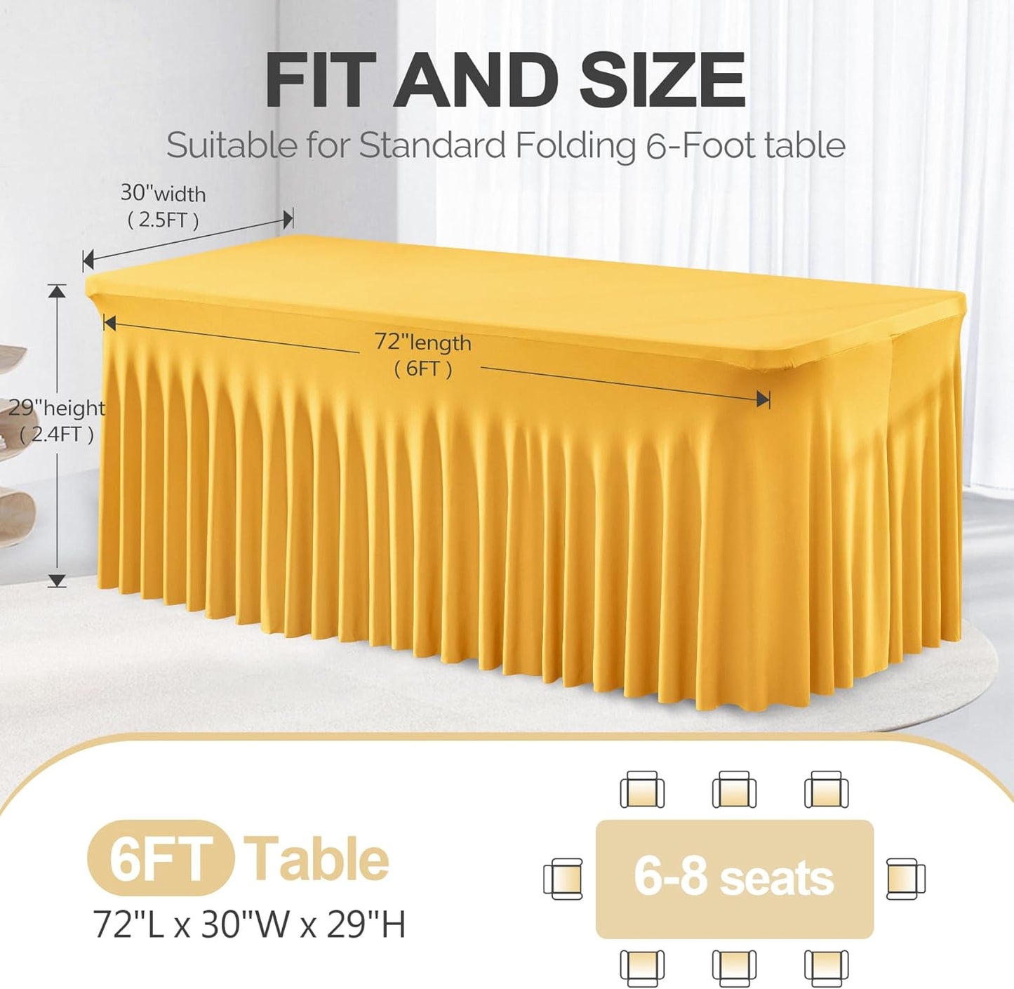 PARTISKY Golden Spandex Tablecloth for 6ft Rectangle Tables, Stretchable Table Cover Skirt for Folding Tables Weddings Parties Banquets Events Trade Shows and Dessert Table