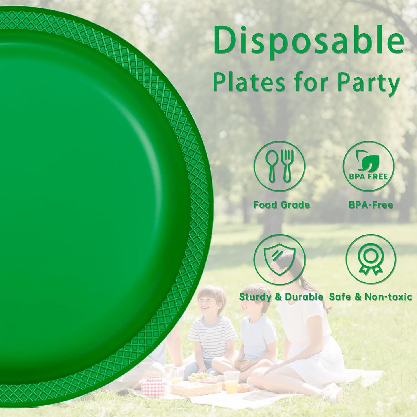 WELLIFE 10 Inch Plastic Plates Green 50 Count Disposable Plate for Party, Large Big Plates for Dinner Christmas Party Supplies Birthday Camping BBQ