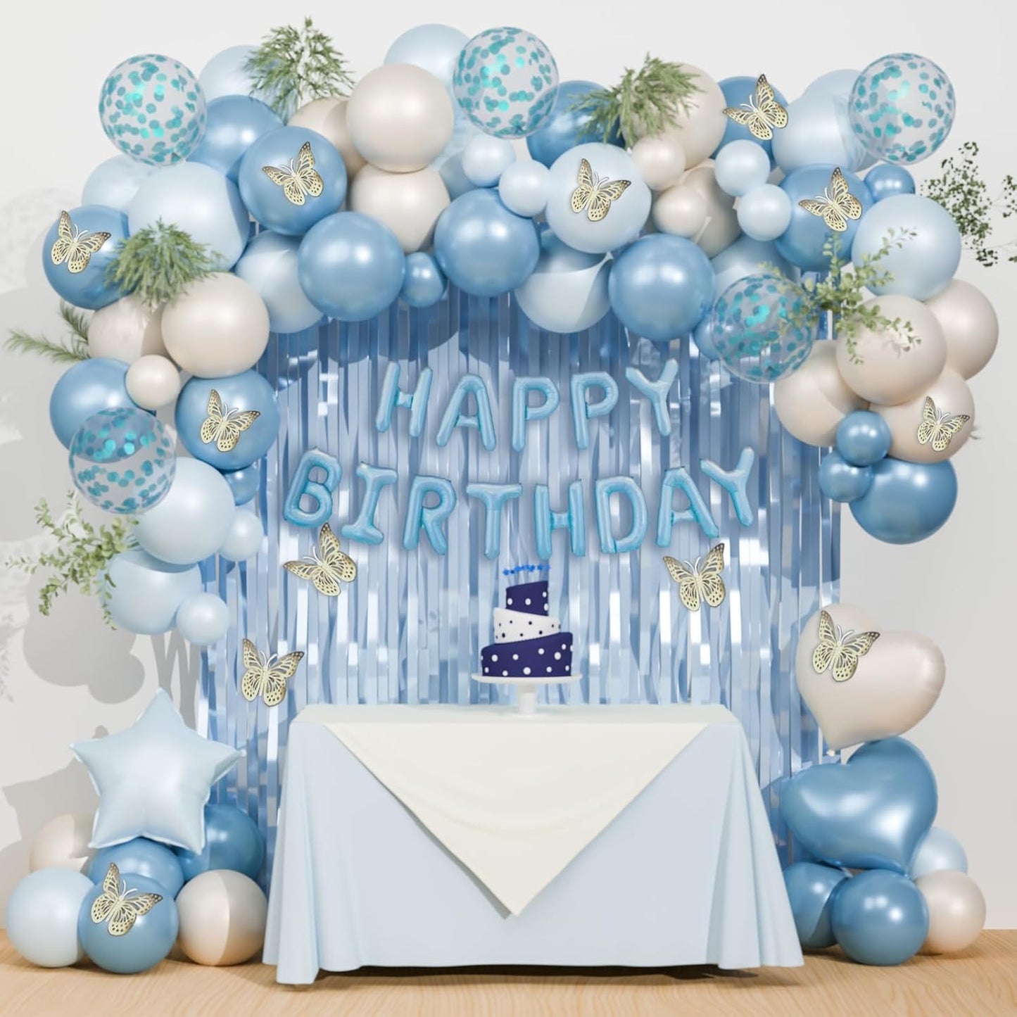 Light Blue Birthday Decorations, Dusty Blue Sand White Confetti Foil Balloons Happy Birthday Banner Fringe Curtains Gold Butterfly for happy birthday party decor