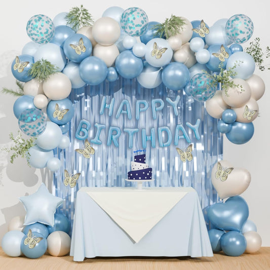 Light Blue Birthday Decorations, Dusty Blue Sand White Confetti Foil Balloons Happy Birthday Banner Fringe Curtains Gold Butterfly for happy birthday party decor