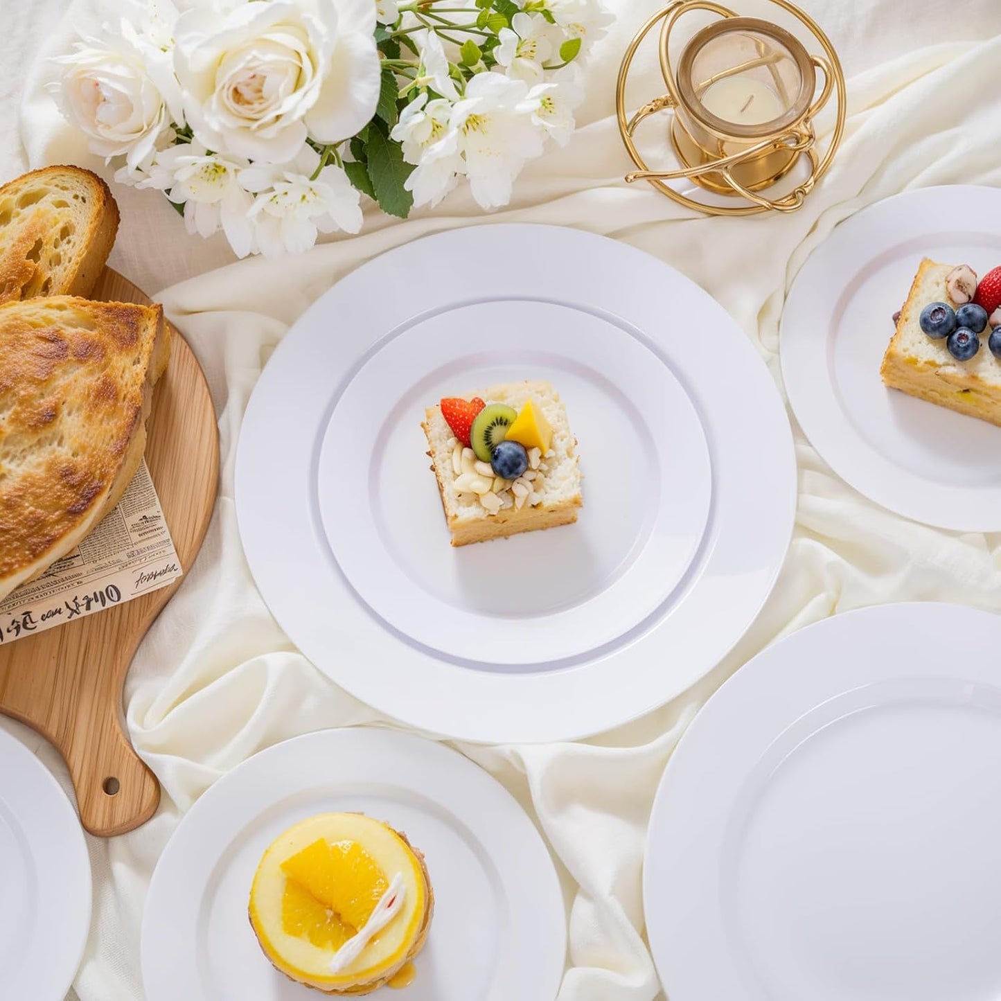 KIRE 120PCS White Plastic Plates - Heavy Duty White Disposable Plates for Party/Wedding - Include 60Pieces 10.25inch White Dinner Plates - 60Pieces 7.5inch White Dessert/Salad Plates