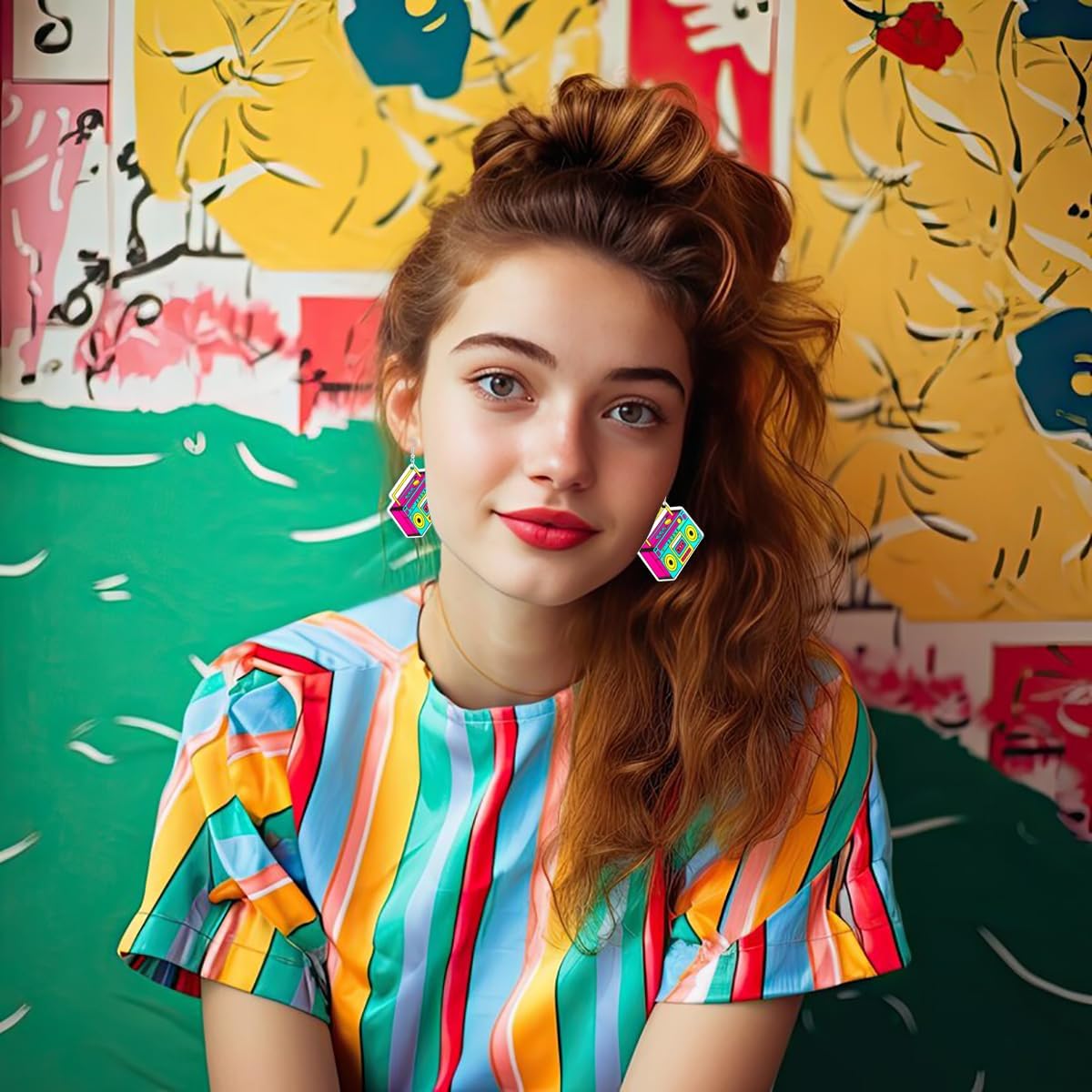 80s 90s Retro Cassette Tape Neon Earrings for Women Acrylic Radio Earring Set for 80s 90s Accessories Cosplay Party Jewelry Gifts