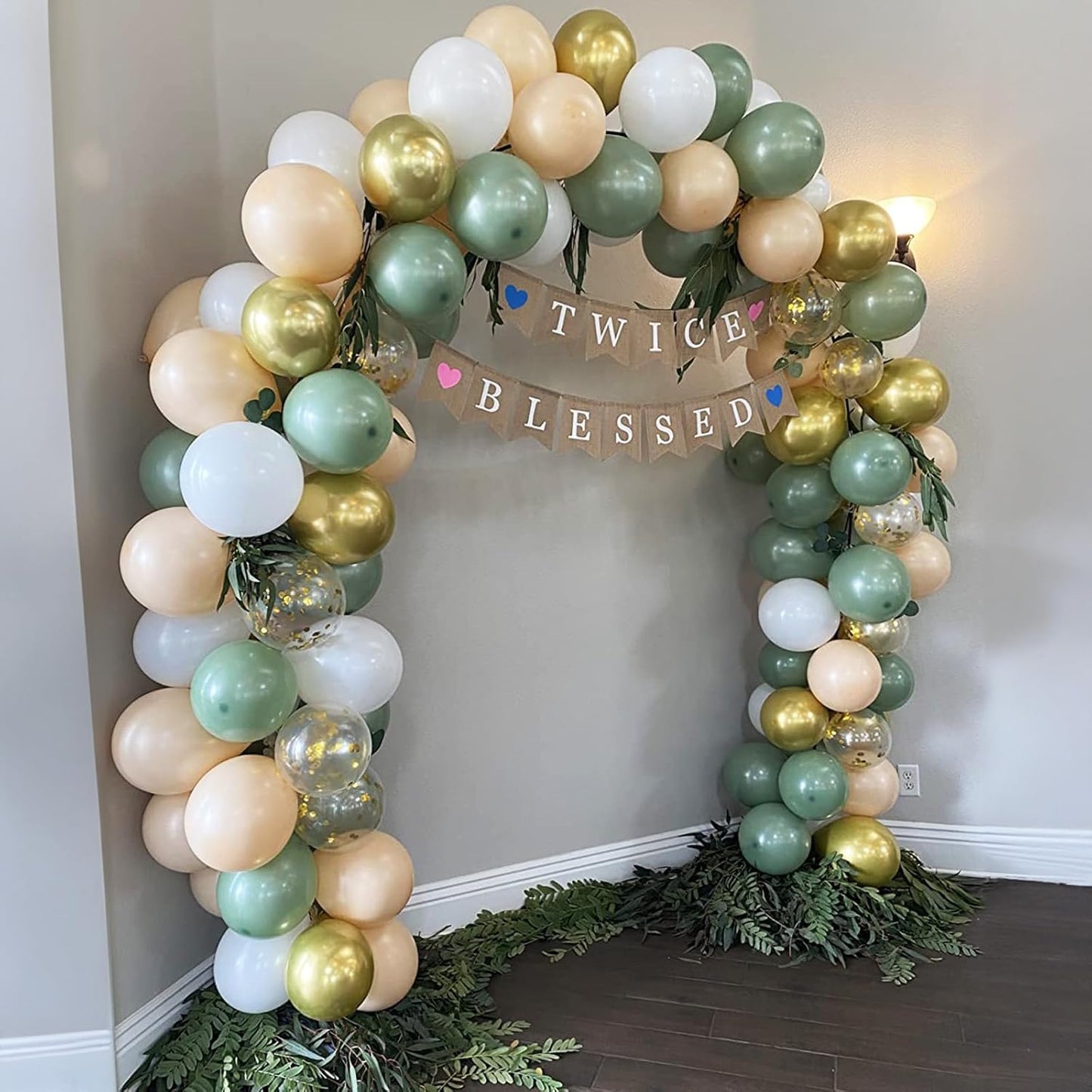 Sage Green Gold Balloons, 12 Inch 60 Pcs Metallic Olive Green White Gold Confetti Balloons Retro Green Balloons for Jungle Safari Birthday Camp Bachelorette Decorations