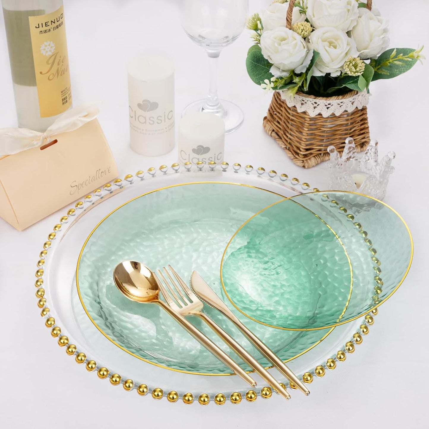 Rubtlamp 100 Clear Green Gold Plastic Plates, Hammered Clear and Gold Disposable Plates Include 50 Dessert Platos, 50 Dinner Platos for Party