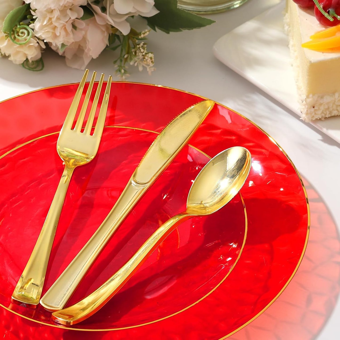 150 Pcs Red Plastic Plates - Red Gold Plastic Dinnerware Set for 25 Guests - 50 Disposable Plates, 75 Gold Silverware, 25 Napkins for Party Birthday Thanksgiving Christmas