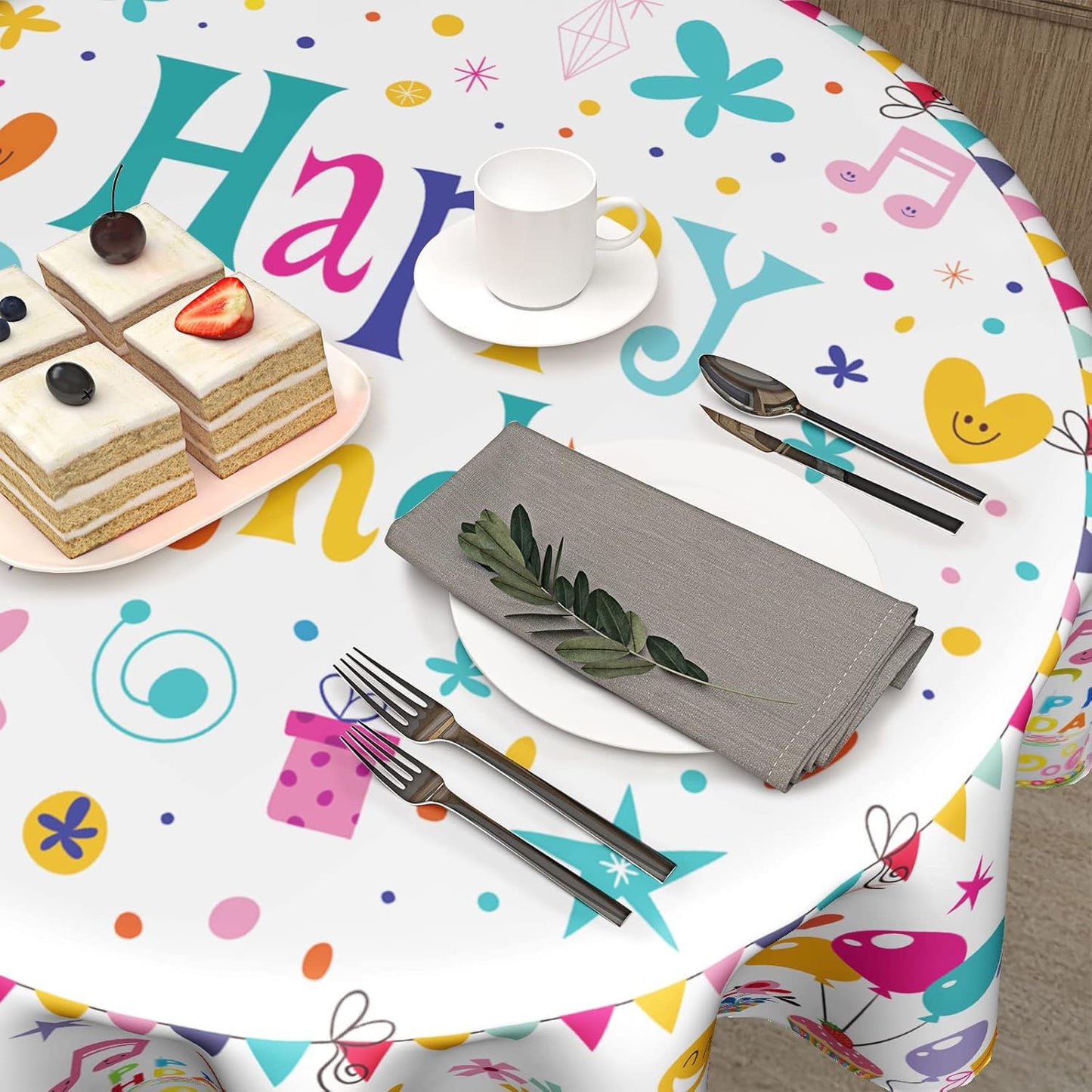 Giwawa Happy Birthday Round Tablecloth- Birthday Cake Design with Colorful Flags Balloons Gifts Collection- 60in Circle Table Cloth Cover for Birthday Party Decoration Kitchen Dining Room