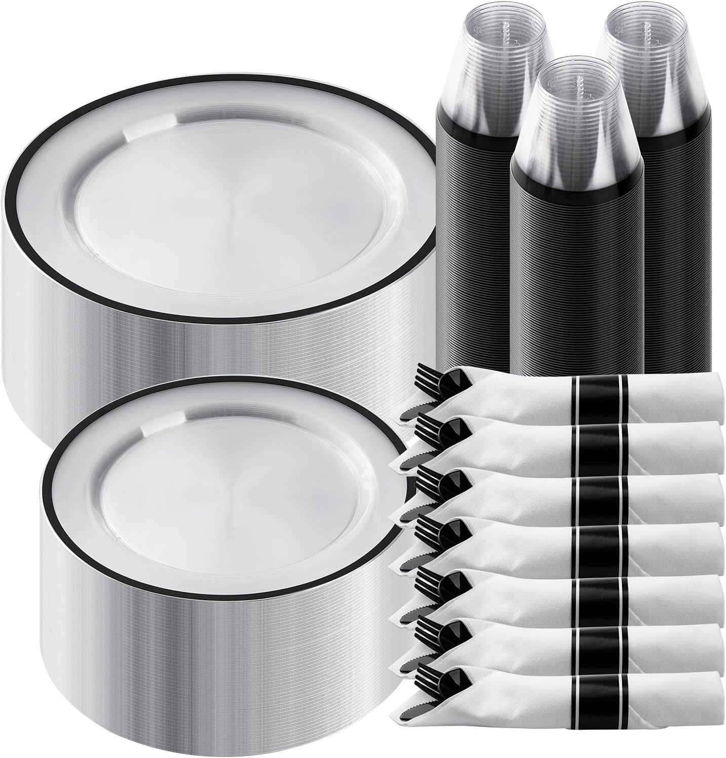 Goodluck 350 Piece Black Plastic Dinnerware Set for Party, Clear Disposable Plates for 50 Guests, Include: 50 Dinner Plastic Plates, 50 Dessert Plates, 50 Pre Rolled Napkins with Cutlery Set, 50 Cups