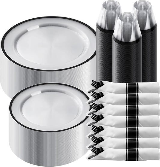Goodluck 350 Piece Black Plastic Dinnerware Set for Party, Clear Disposable Plates for 50 Guests, Include: 50 Dinner Plastic Plates, 50 Dessert Plates, 50 Pre Rolled Napkins with Cutlery Set, 50 Cups
