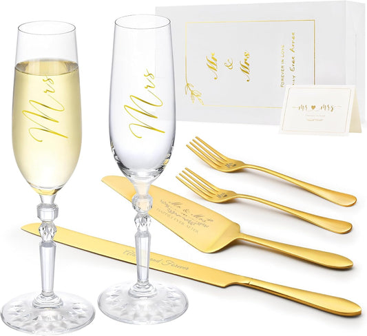 Wedding Cake Knife and Server Set with Forks, Classical Style Crystal Champagne Flutes Toasting Glasses for Bride and Groom, Wedding Gifts for Couples, Engagement and Bridal Shower Gifts