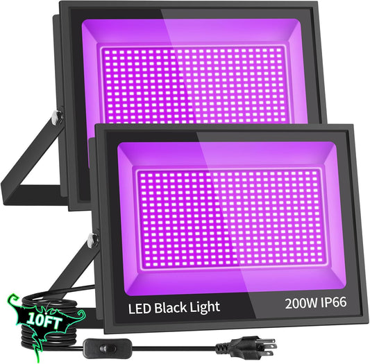 200W Blacklight Flood Light with 10ft Cord+Switch, Aluminum Shell, IP66 Waterproof Outdoor LED Black Lights for Large Space, Glow Party, Halloween, Stage, Gym, Poster, Body Paint, 2 Pack
