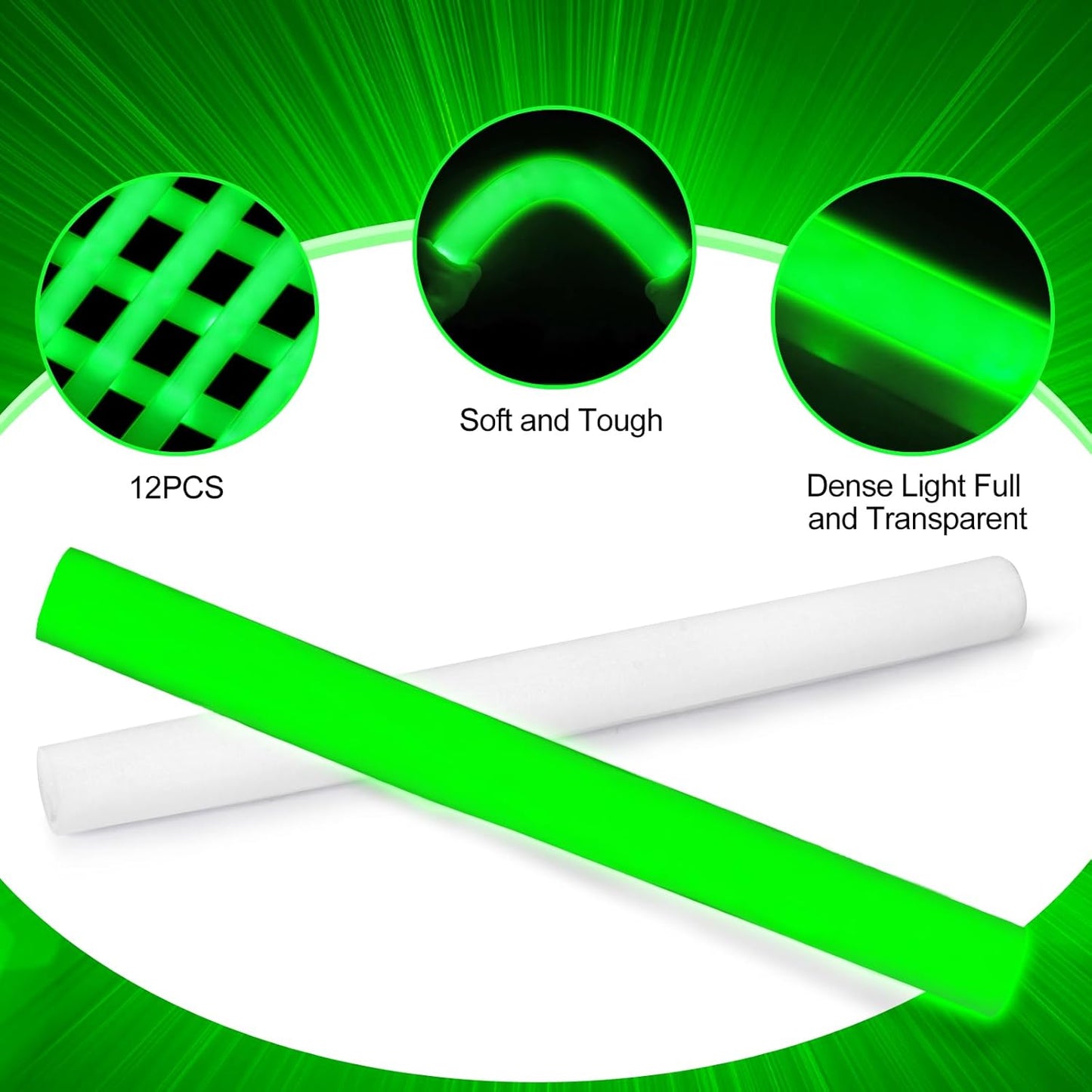 Glow Foam Wand, 36 Pcs Giant Green LED Light Up Sticks Flashing Glowing Baton Wands Party Supplies for St. Patrick's Day, Raves,Concert,Christmas, Halloween,Sporting Events