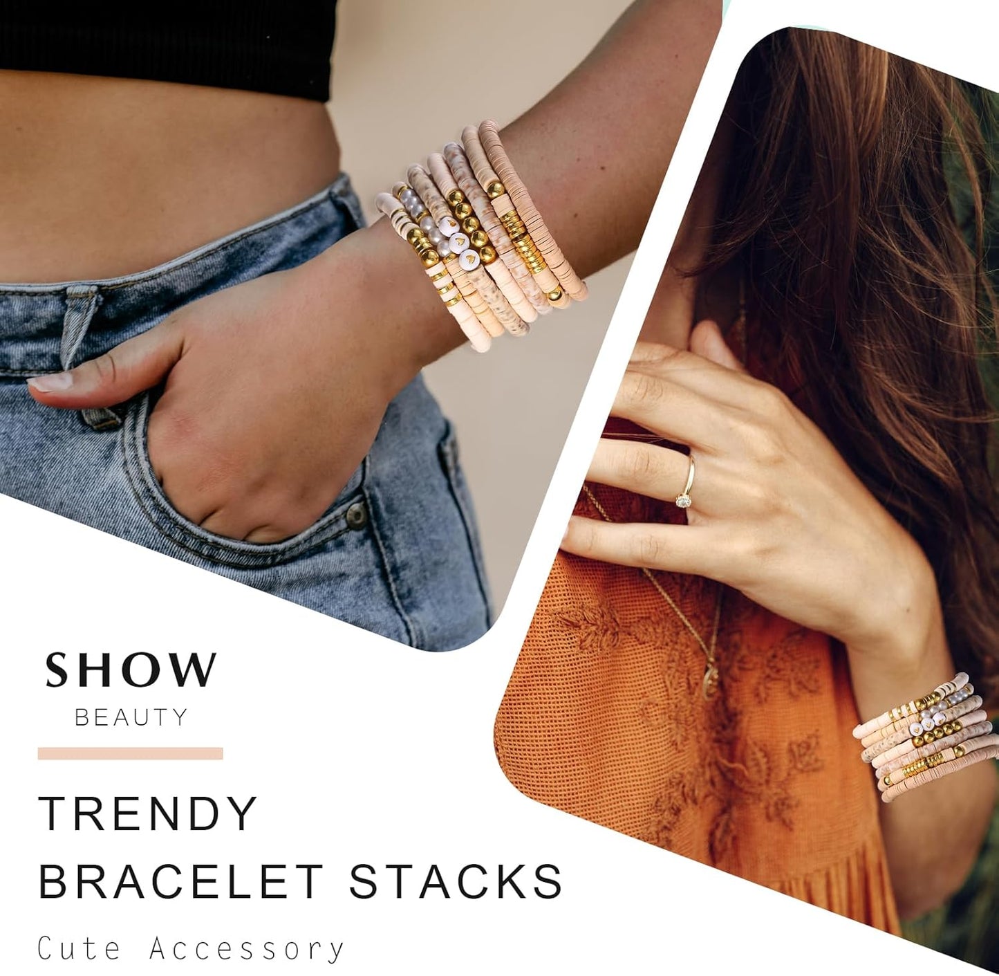 Friendship Bracelets Trendy Heishi Clay Bead Bracelets Stack Gold Beaded Stretch Bracelets for Women Boho Stackable Bracelets Bulk Cute Preppy Jewelry