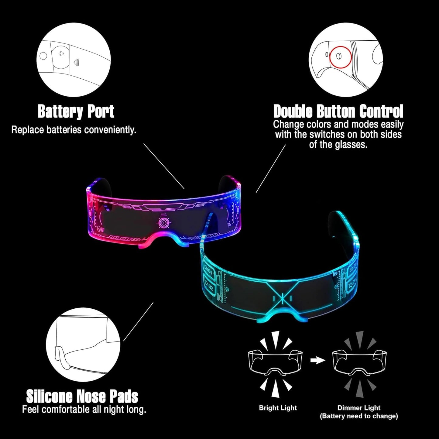 2 Pairs LED Light Up Glasses For Holiday Party LED Glasses For Adult Futuristic Sunglasses Cosplay Costume Festival Accessories Multi Color Neon Glasses,Gifts(Fashion Glasses)