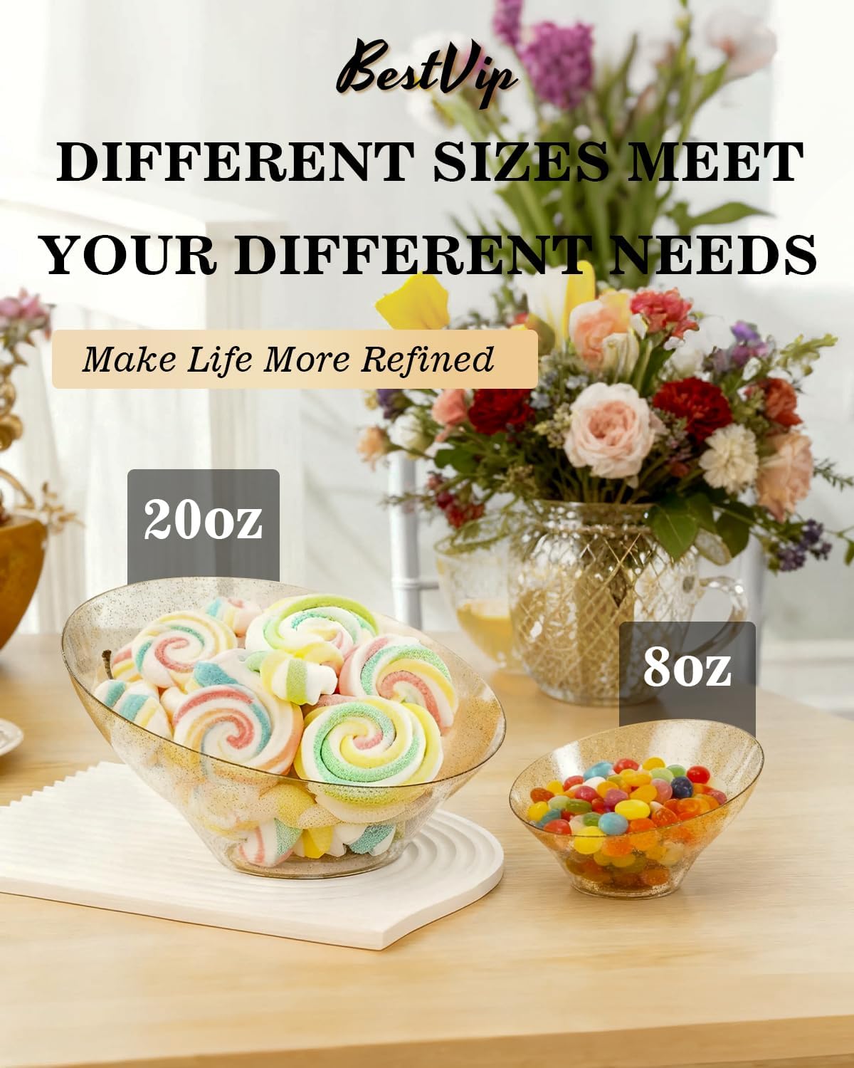 BESTVIP 20oz Clear with Gold Glitter Serving Bowls for Party - 12 Pack Angled Disposable Serving Bowls for Chips, Snacks, Fruit, Salad - Decorative Catering Bowls for Daily Use, Christmas