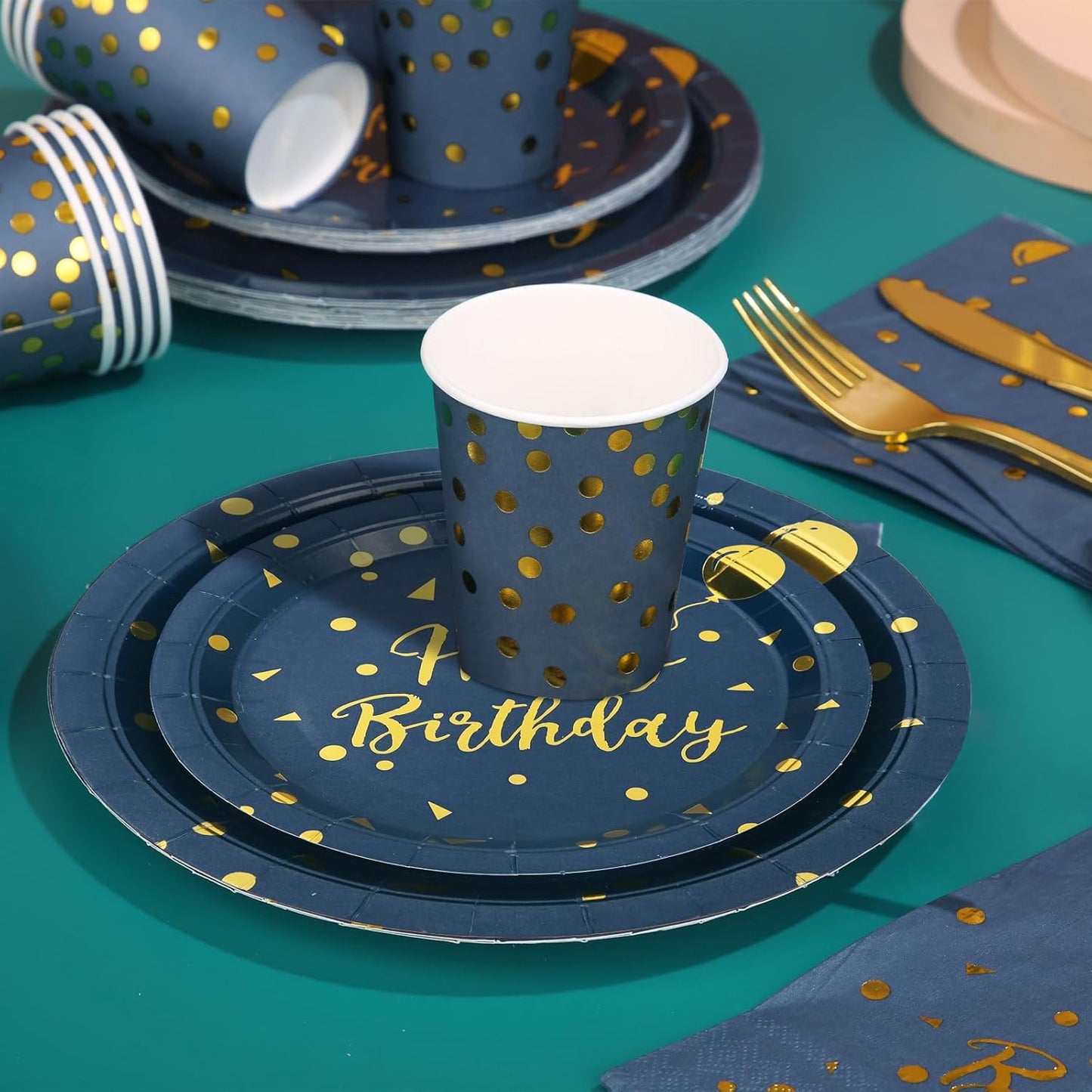 175 Pcs Blue Birthday Plates and Napkins Party Supplies - Blue and Gold Paper Plates and Cups and Napkins Sets for Men Happy Birthday Party Decorations, Serves 25