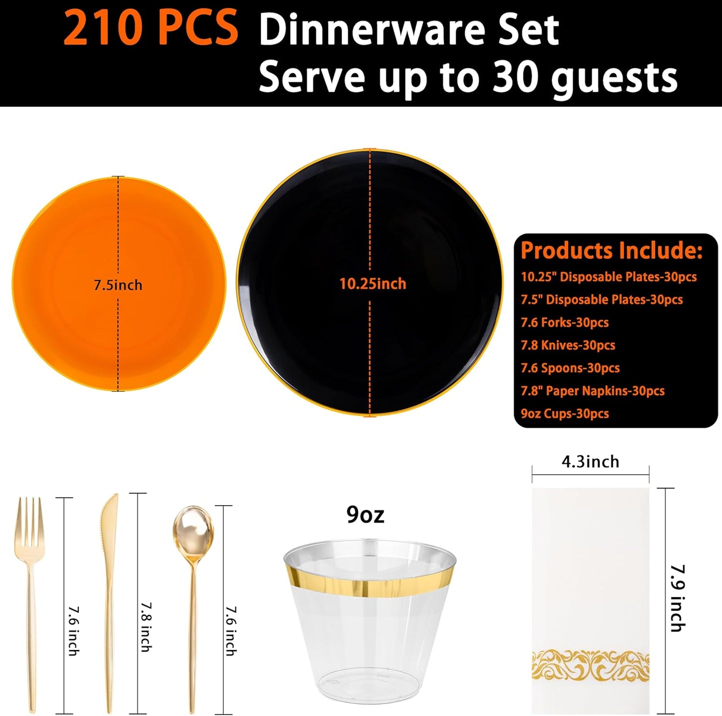 MirthMood 210PCS black and orange Plastic Plates,Black Disposable Plates –Plastic Plates Set Includes 30 Dinner,30 Dessert Plate,30 Cup&30 Napkins, 30 Gold Silverware for Wedding& Parties& Halloween
