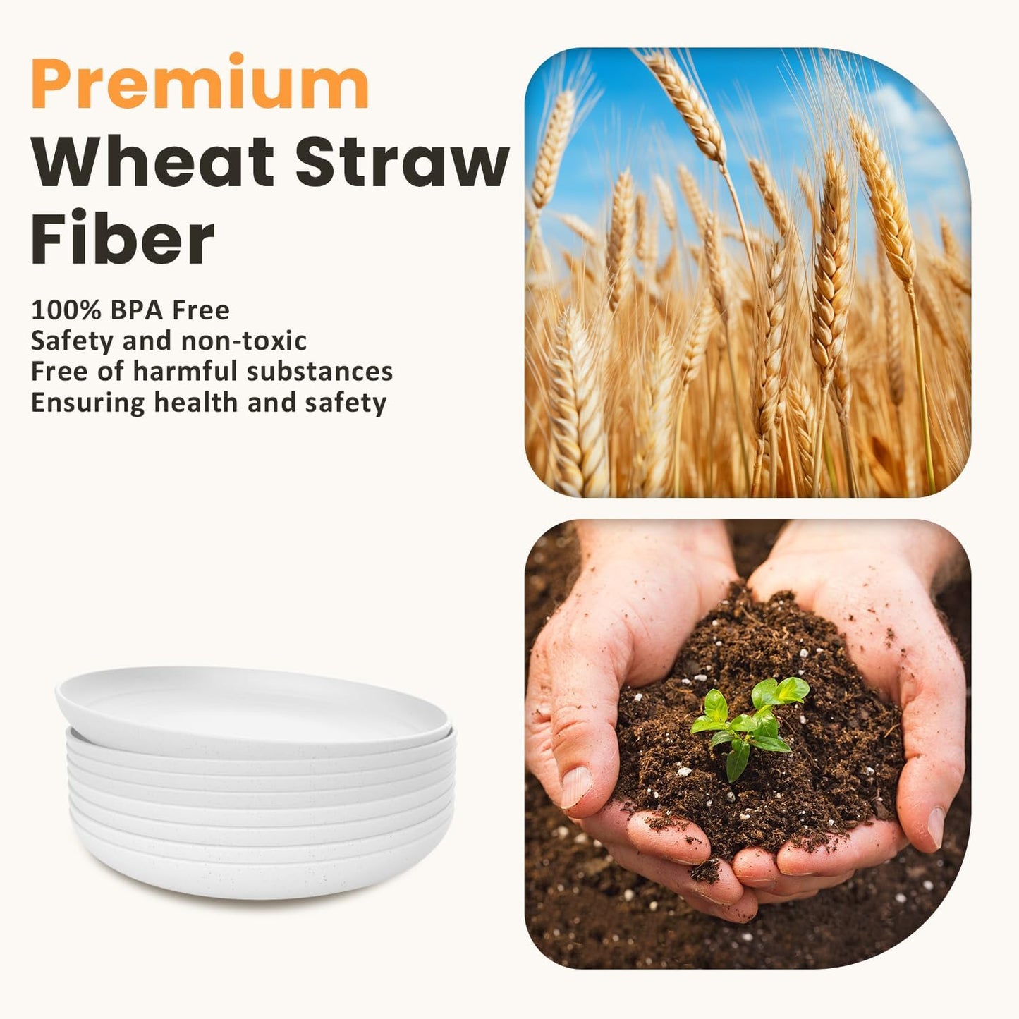 Homienly Wheat Straw Plates Set of 8, 9 inch Unbreakable Microwave and Dishwasher Safe Plates, Lightweight Round Dinner Plates with Unique Texture, Plate for Kitchen, Camping, Picnic - White