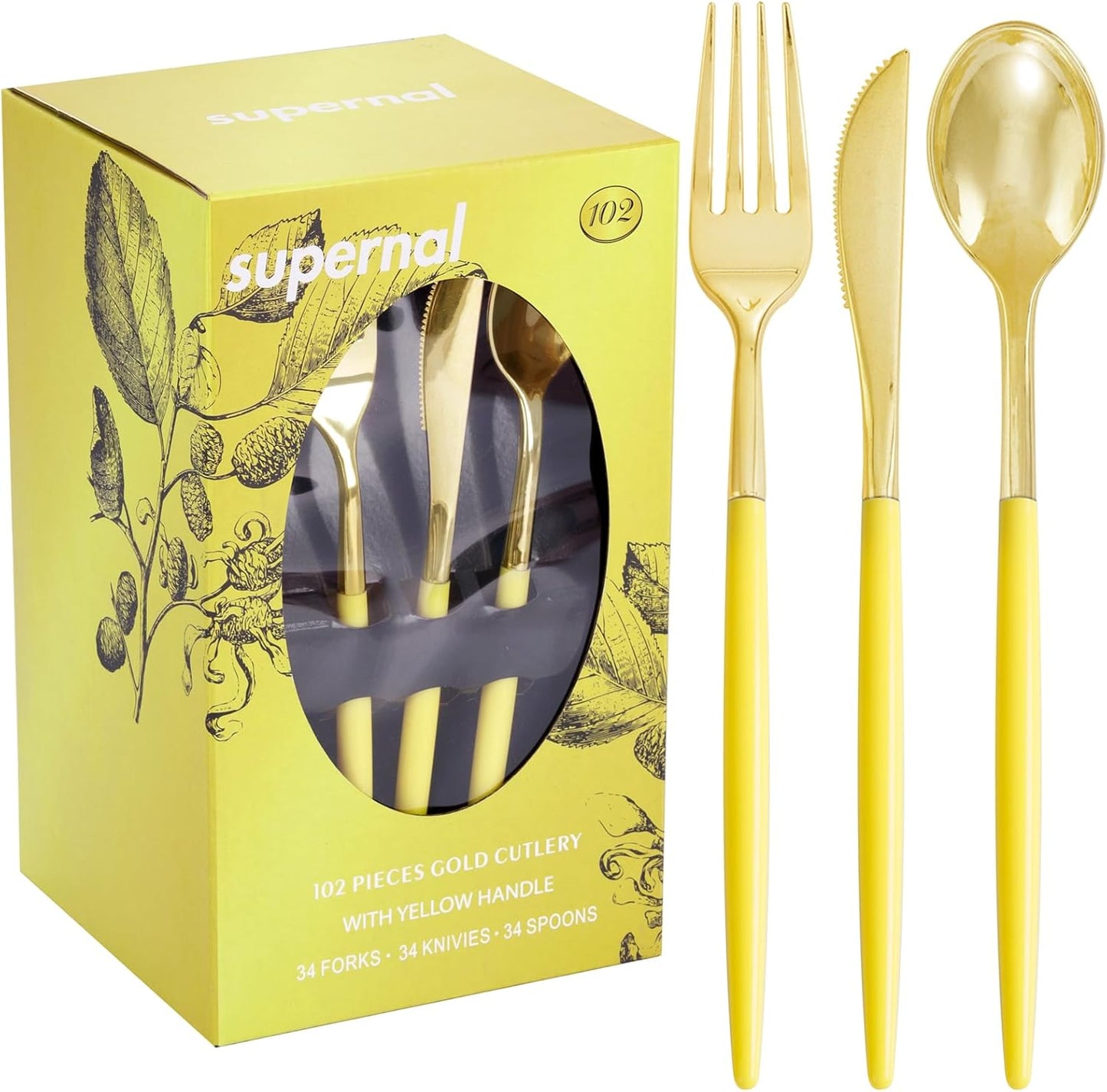 Supernal 102Pcs Gold Plastic Silverware, Gold Disposable Utensils with Yellow Handle, Yellow Plastic Silverware Heavy Duty Include 34 Forks, 34 Knives and 34 Spoons Perfect for Party, Mother's Day