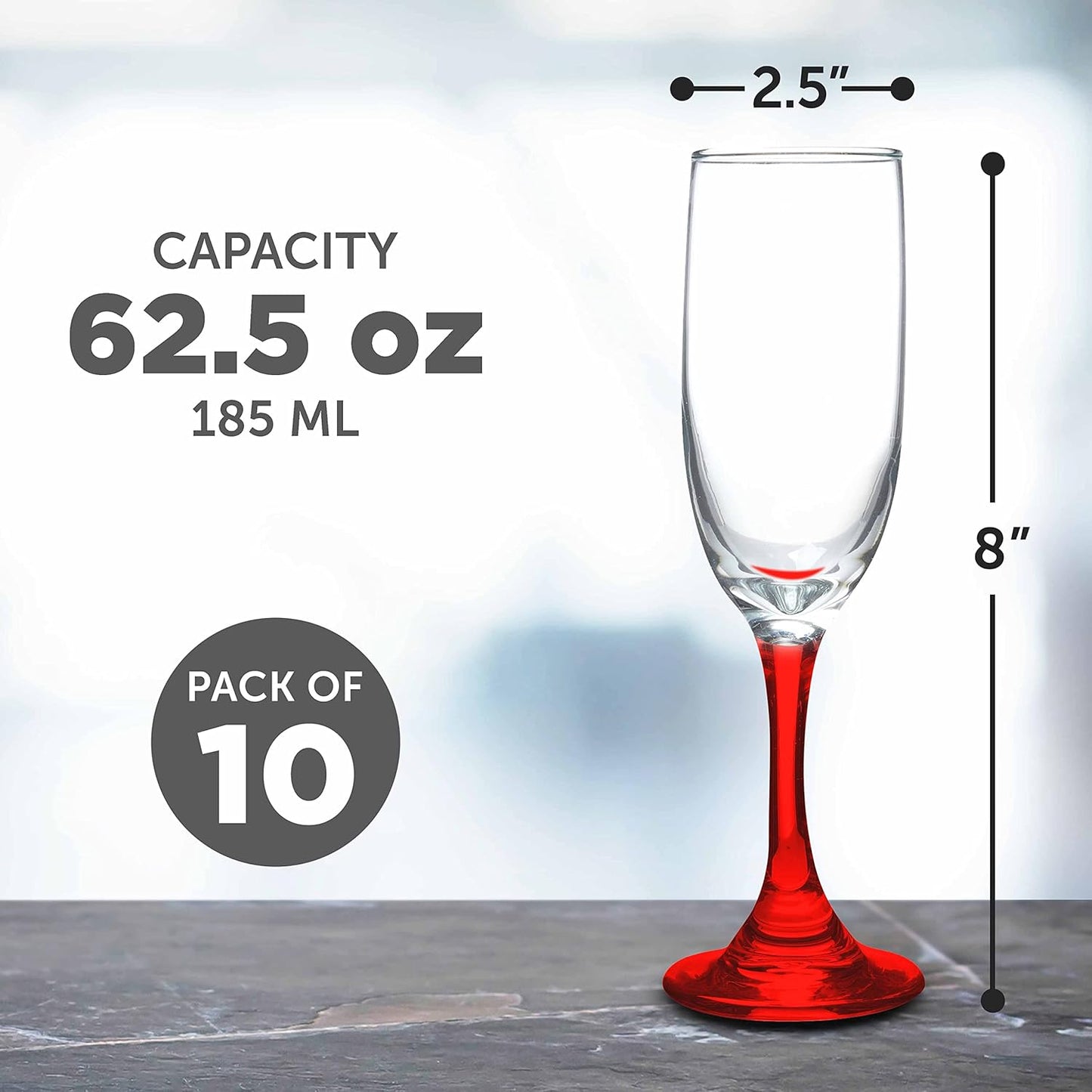 DISCOUNT PROMOS Premiere Champagne Flutes 6.25 oz. Set of 10, Bulk Pack - Elegant Drinkware for Weddings, Events, & Promotional Gifts - Red