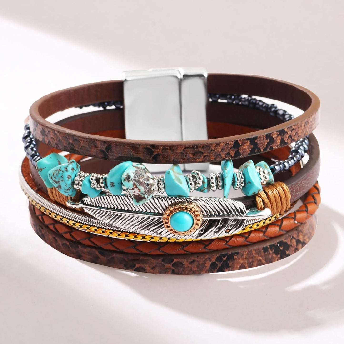 Fesciory Leopard Bracelet for Women, Boho Leather Wrap Multi-Layer Pearl Crystal Bracelet Bangle Jewelry