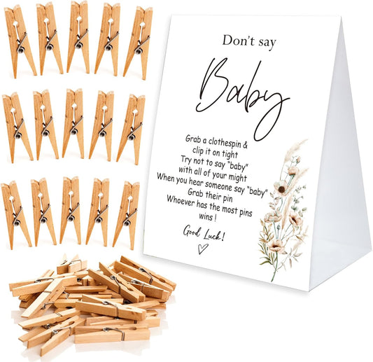 Don't Say Baby Game For Baby Shower Clothespin Game, One 5x7 Coated Paper Sign And 50 Natural Clothespins, Minimal Style, Gender Neutral -NDSBB39