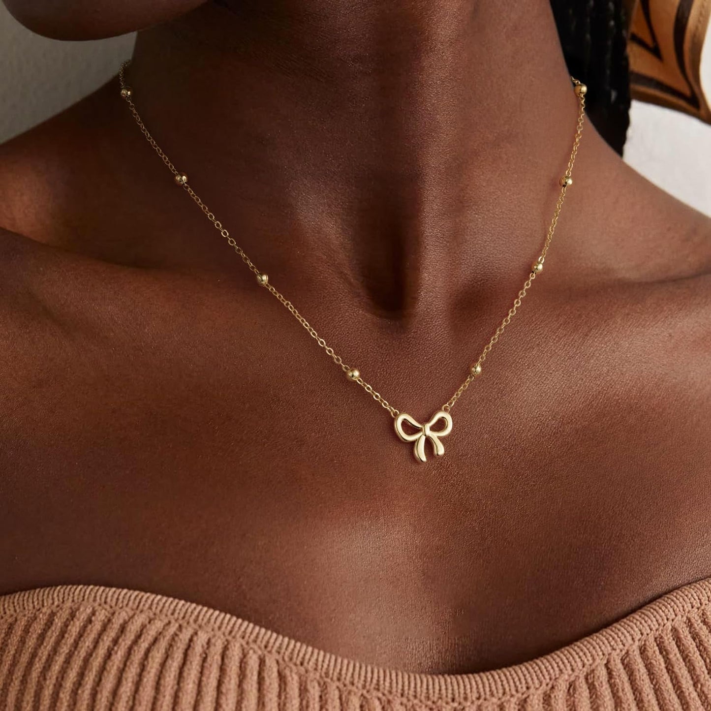 Stocking Stuffers for Women Dainty Bow Necklace 14K Gold Plated Cute Choker Small Pendant Charm Necklaces Teen Gift Trendy Stuff Personalized Jewelry Christmas Gifts