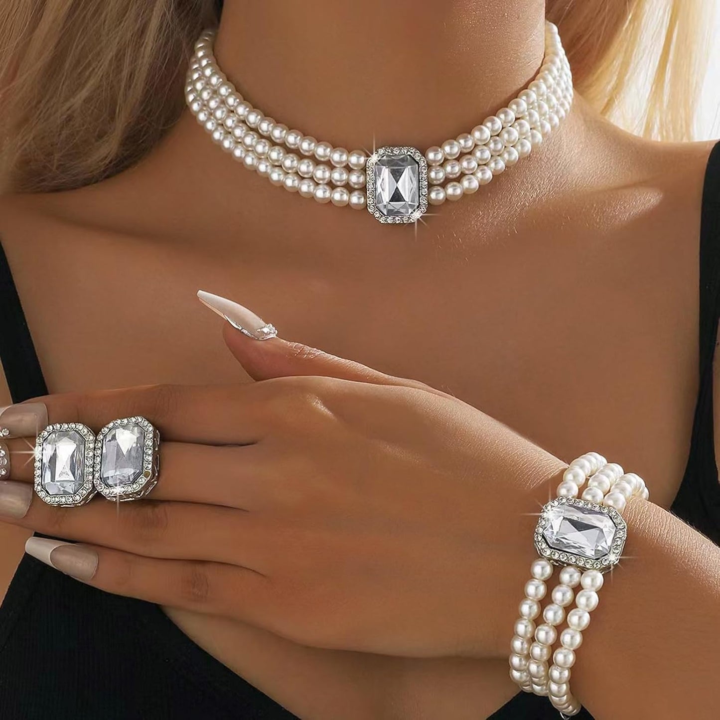 la luen Pearl Bride Wedding Jewelry Set Faux Pearls Crystal Rhinestone Necklace Earrings Bracelet Sets for Women Bridesmaid(3 PCS)