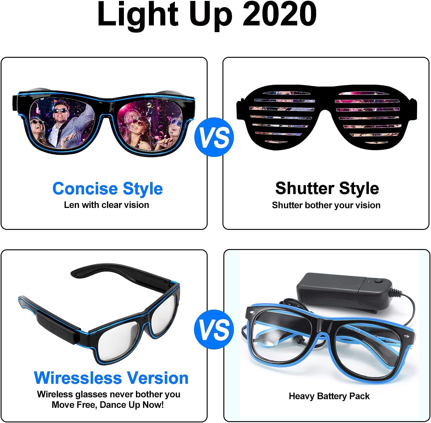 YouRfocus Wireless Led Light up Glasses 2 Pack Glow in The Dark Neon Rave Glasses for Rave Party, EDM, Halloween, Christmas (Blue + Purple)