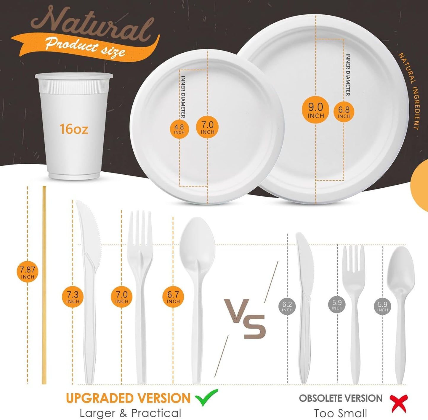 Compostable Paper Plates 350pcs Disposable Plates for Wedding Party Eco-friendly Sugarcane Plates Biodegradable Cutlery Forks Knives Spoons Cups and Straws for 50 People